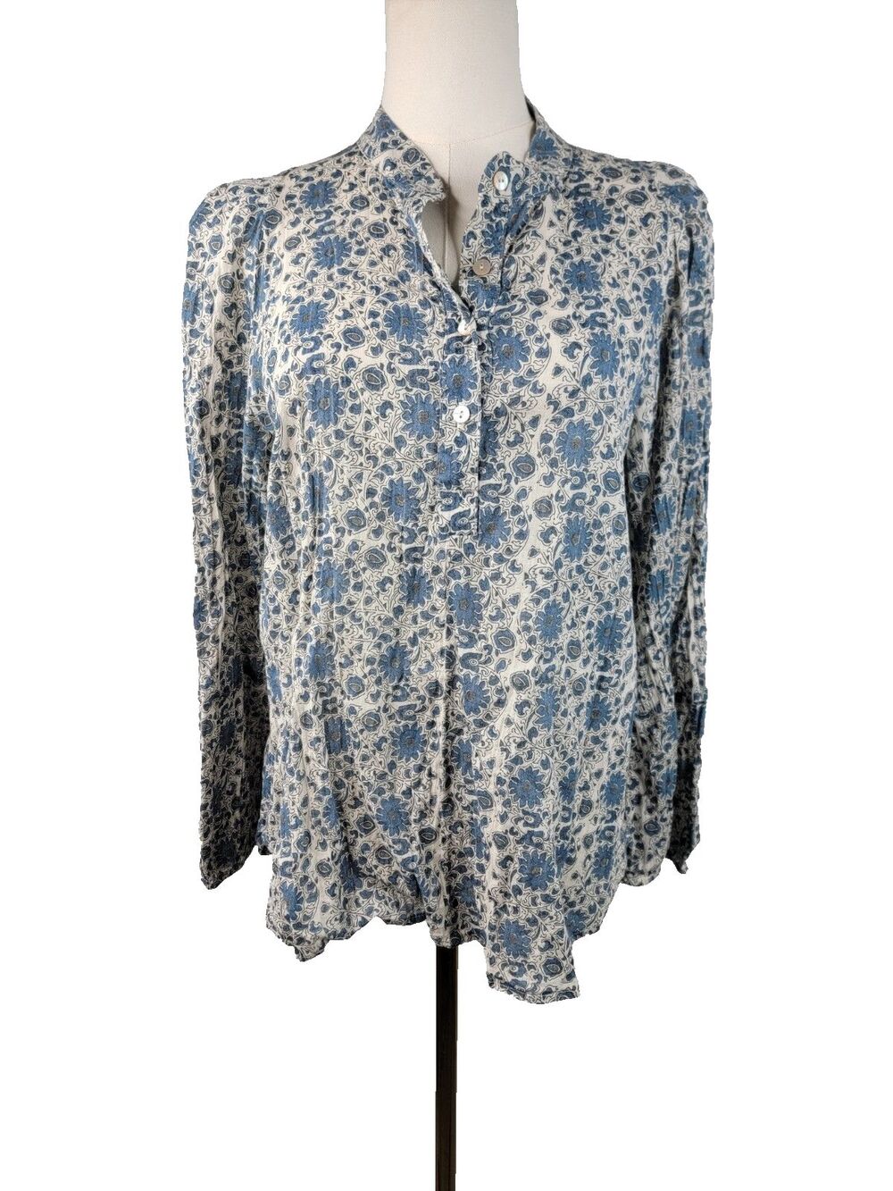 Pietsie Atlin Boho Blouse Top Womens size M 100% Cotton Blue Floral Band Collar